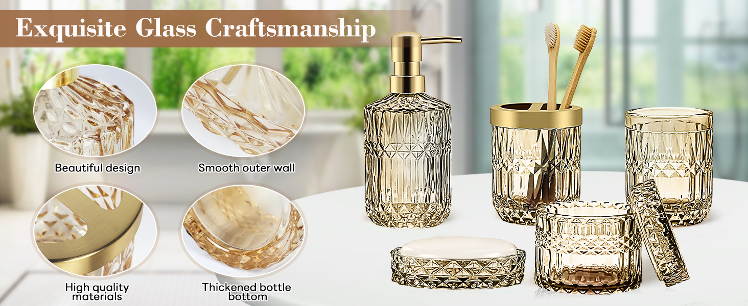 Набір аксесуарів для ванної кімнати з 5 предметів, золото, скло: диспенсер для лосьйону, мильниця, тримач для зубних щіток, стакан, ватні палички. Сучасний дизайн, вінтажний подарунок