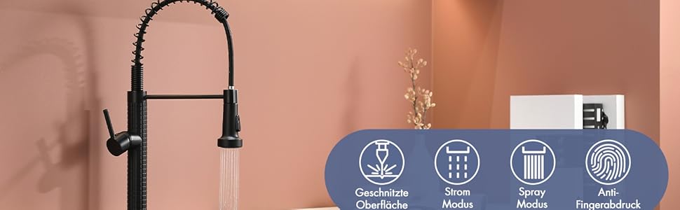 Сучасний кухонний змішувач з висувною лійкою AIMADI 360° з нержавіючої сталі, чорний/рожеве золото, для кухні