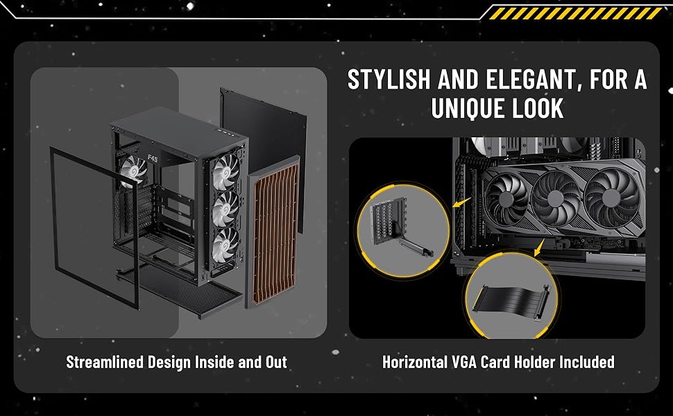 Корпус ПК GAMEMAX F45 Mid-Tower чорного кольору з дерев'яним декором, 4x ARGB PWM вентилятори, сумісний з BTF материнськими платами, скляна бічна панель, для геймінгу