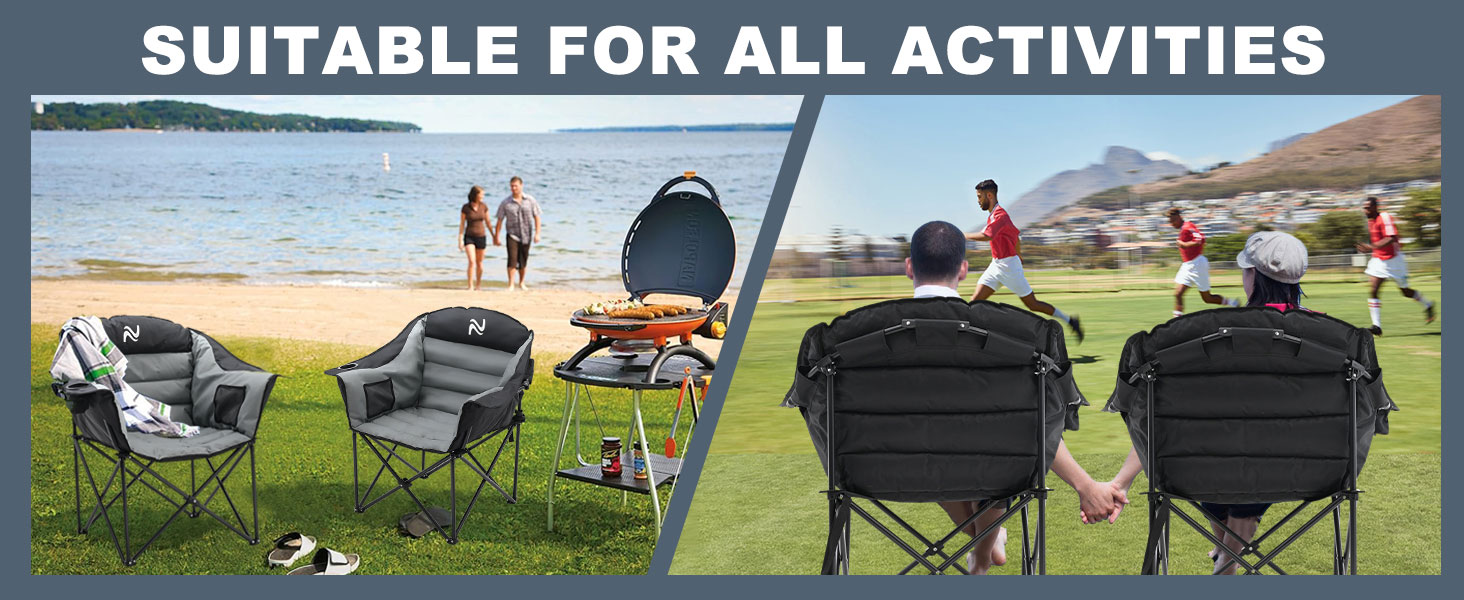 Кемпінговий стілець складний (200 кг) з подушкою 6 см - великий, для риболовлі, кемпінгу, саду та фестивалів - міцний, з бічними кишенями та сумкою для перенесення, чорно-сірий