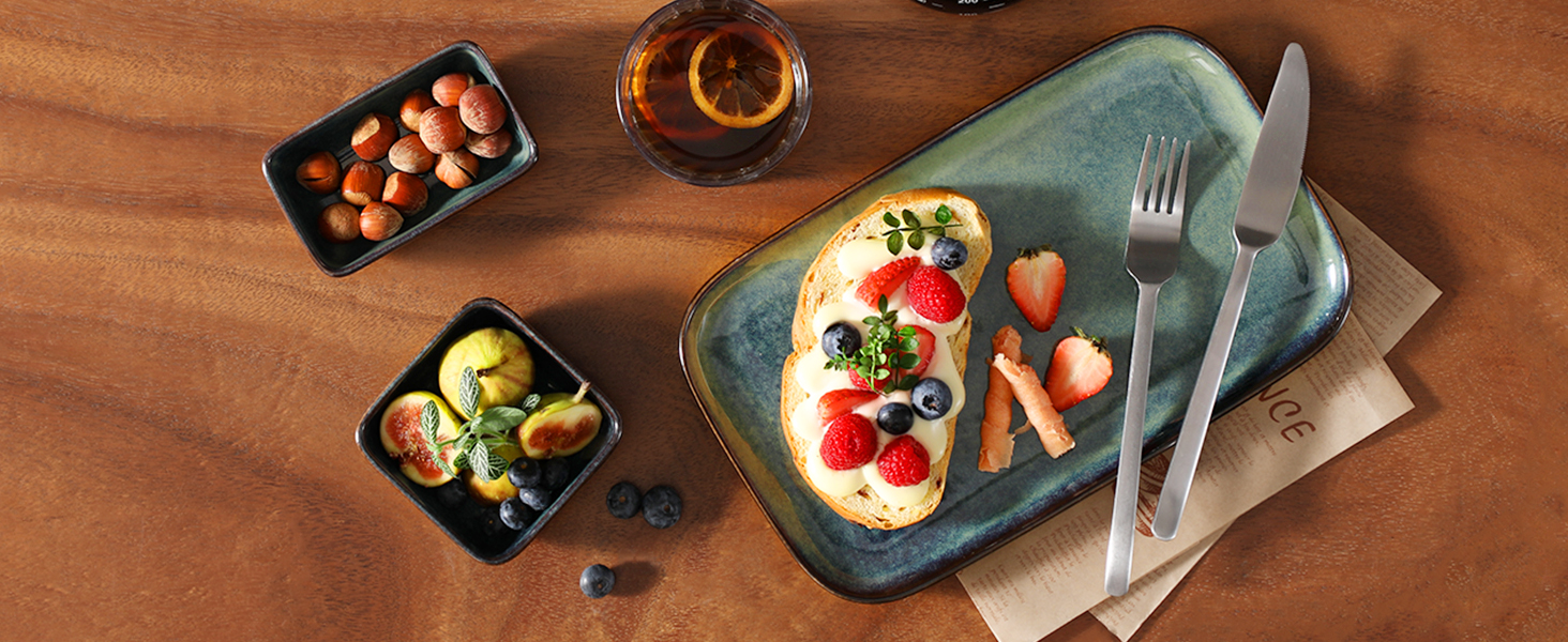 Набір сервірувальних тарілок Vancasso Stern (4 шт.) з кераміки, зелений. Тарілки для їжі, десерту, тортів, сніданку. Можна мити в посудомийній машині та використовувати в мікрохвильовці.