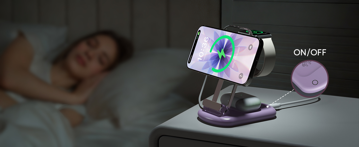 Зарядний пристрій MagSafe 3-в-1 для Apple Watch та iPhone: фіолетовий колір. Підходить для iPhone 17, 16, 15, 14, 13, 12 Pro Max/Air/Plus/Pro та Apple Watch 10/9, Airpods 3/2/Pro