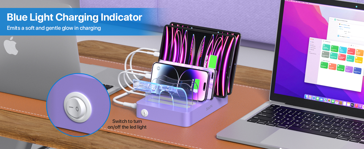 Зарядна станція SooPii USB з органайзером на 6 портів 50W, біла. В комплекті 6 кабелів та тримач для iWatch