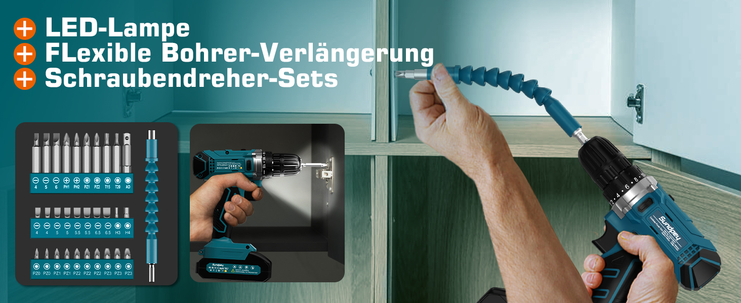 Набір інструментів Sundpey 255 шт. з акумуляторною дриль-шуруповертом 21V, акумуляторний набір з 2 * 2000mAh акумуляторами, ящиковий інструмент з шухлядою для ремонту дому та автомобіля, блакитний