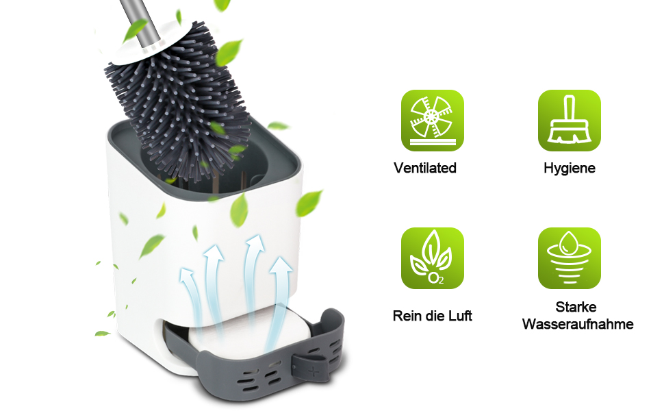 Силіконова щітка для унітазу Glowbal з контейнером, швидковисихаюча, для ванної кімнати, монтаж на стіну та стоячи, білий/сірий колір