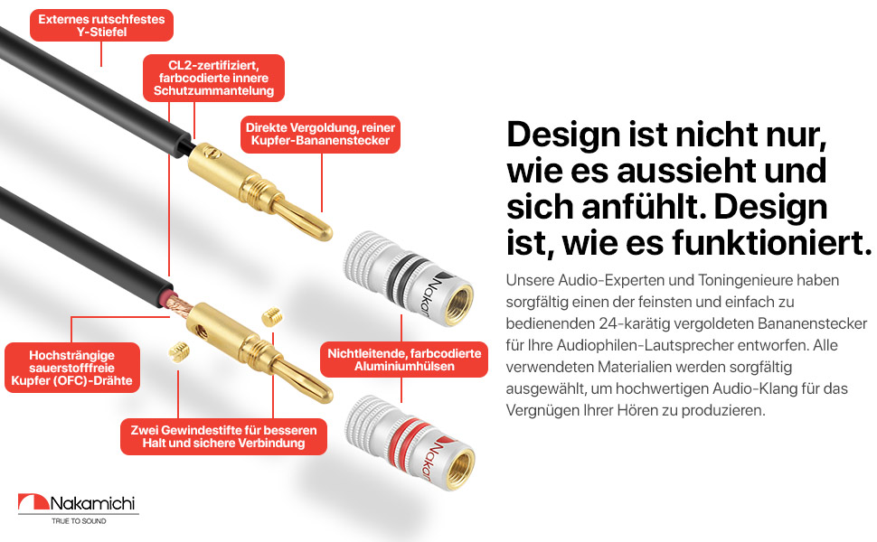 Акустичний кабель Nakamichi з 24K золоченими банановими роз'ємами, 12AWG, 99,9% безкиснева мідь (OFC), в оплетці, CL2, 3.0м, чорний (2 шт)