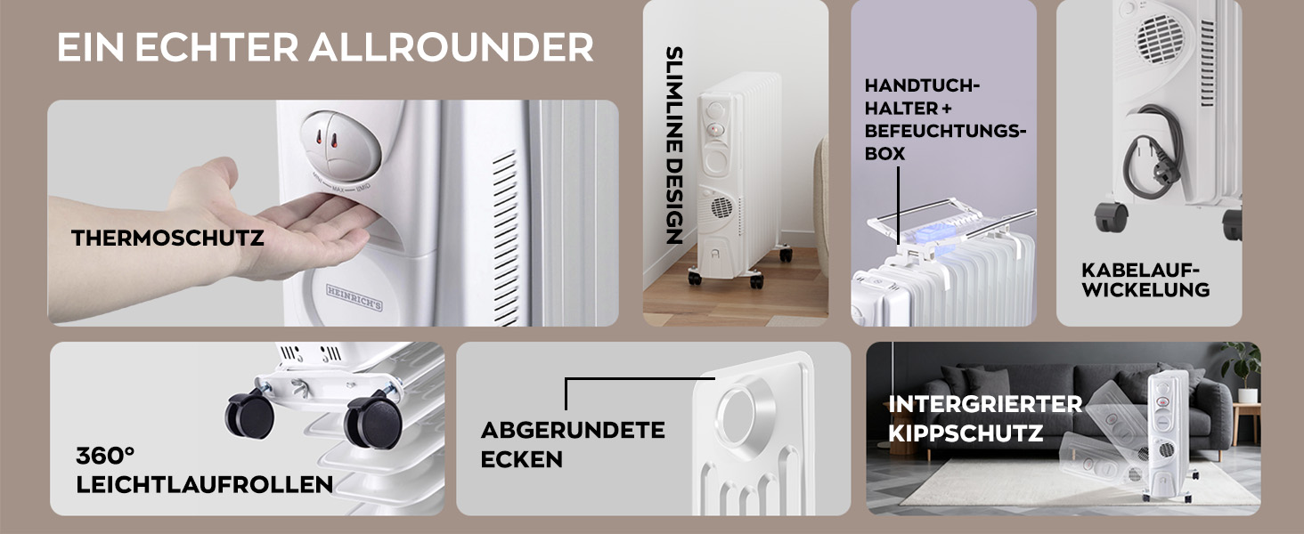 Електричний масляний радіатор Heinrich з 13 ребрами, 2500W, з вентилятором, терморегулятором, захистом від перегріву та нахилу, чорний