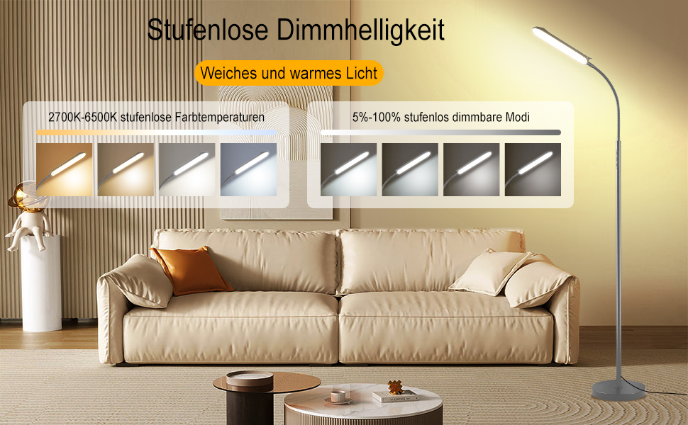 LED-стійка лампа Marctronic для вітальні з регулюванням яскравості, 18W, 1800LM, з пультом та сенсорним керуванням, швидка установка, для офісу, спальні (сіра)