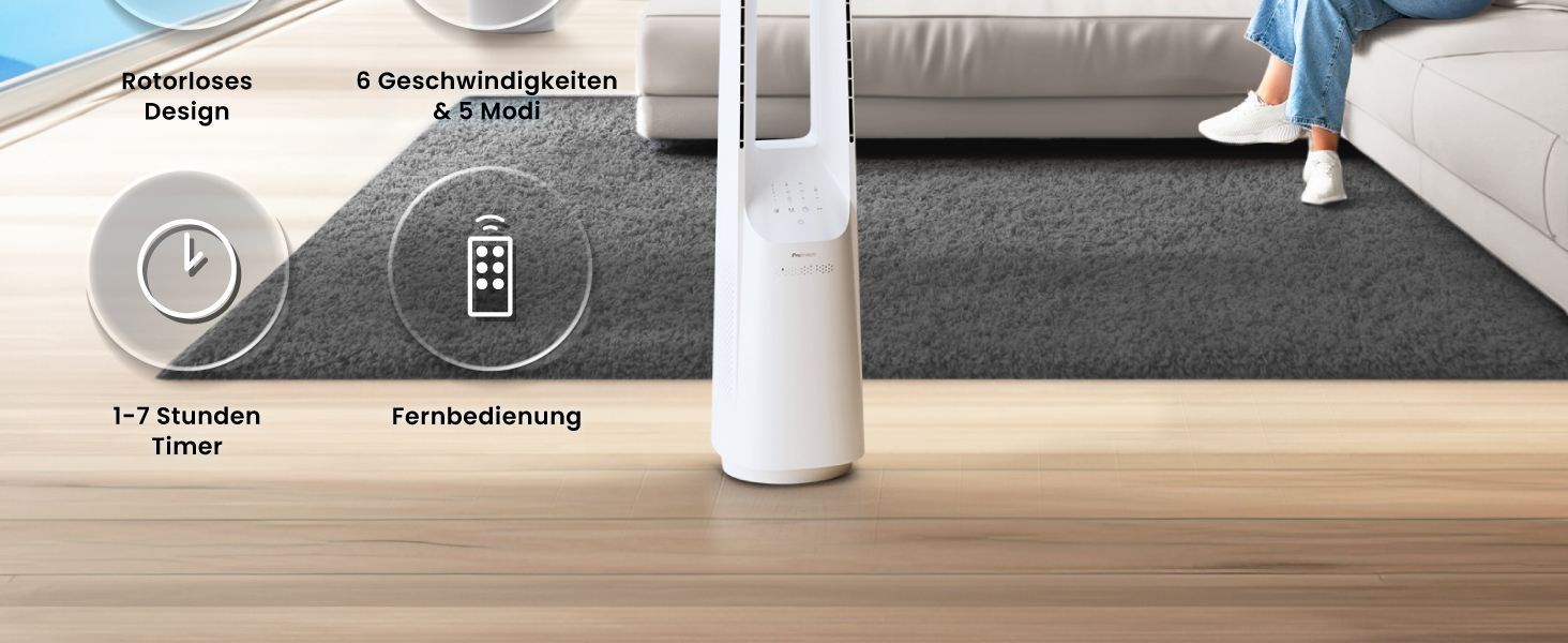 Вентилятор без лопатей Pro Breeze 101 см з пультом, LED дисплеєм, 6 швидкостями, 5 режимами, автоколиванням 60° та таймером 7 годин - білий