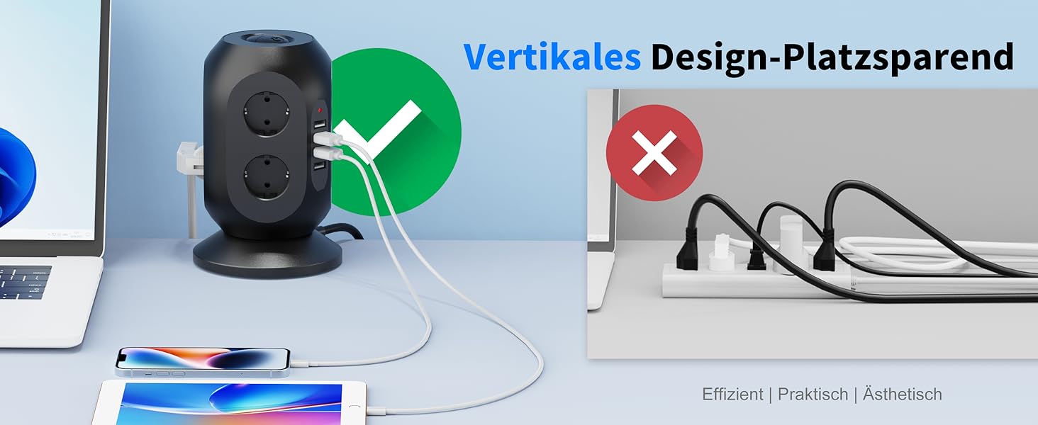 Багатофункціональна мережа живлення Colstar з 4 USB, 8 розеток, захистом від перенапруги, 2м кабелем, для дому та офісу, чорна