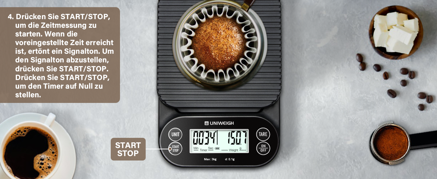 Ваги для кави UNIWEIGH з таймером 3кг/0,1г: високоточні ваги для еспресо з таймером, функцією Tara та LCD дисплеєм (батарейки в комплекті)