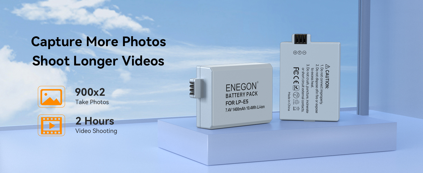 Запасні акумулятори ENEGON (2 шт) та швидке зарядне пристрій Dual для Canon LP-E5 (EOS Rebel XS, T1i, XSi, 1000D, 500D, 450D, Kiss X3, X2, F)