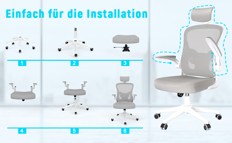 Офісний крісло Rattantree: ергономічне, з регульованою підголівником, підлокітниками та підтримкою попереку, регулювання висоти, дихаюча спинка, сіре