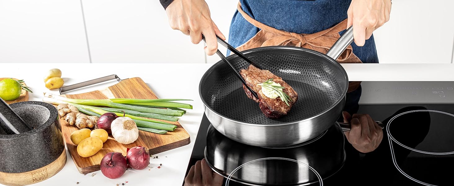 Сковорода Moritz & Moritz антипригарна 28 см індукційна з керамічним покриттям та стільниковою структурою. Нержавіюча сталь, високі борти, для всіх плит (газ, електро, індукція). Без кришки, діаметр 28 см