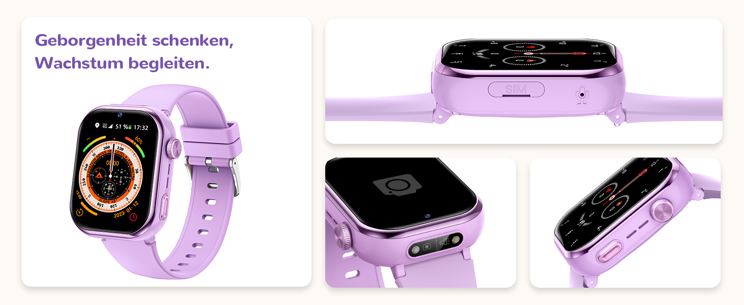 Дитячий розумний годинник зі GPS та телефоном, IP68, відеодзвінки, SOS, режим навчання, чат, SMS, ліхтарик, крокомір, будильник, годинник для дівчаток та хлопчиків, фіолетовий