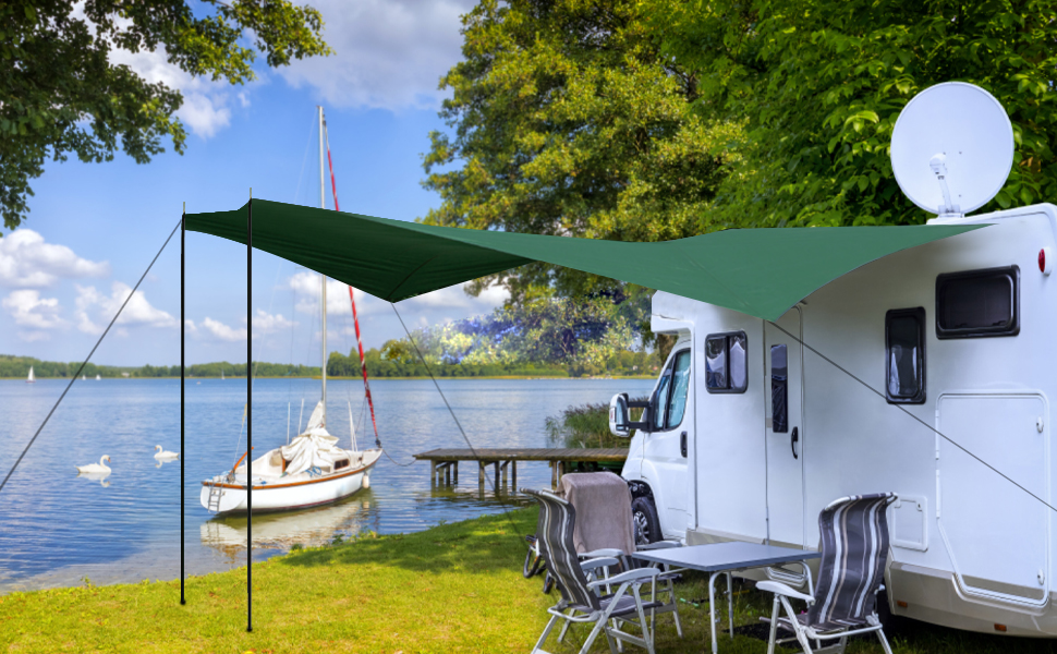 Водонепроникна тента Tarp 3.7 x 4.3 м з підтримкою, ультралегка, з отворами, штирями, нейлоновою мотузкою, захист від УФ та дощу, для наметів, гамаків, подвір'я, сонцезахисту на пляжі (зелена)