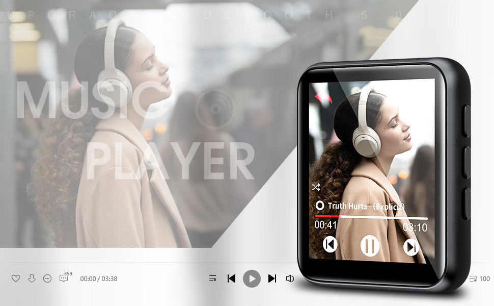 MP3 плеєр 32GB Bluetooth 5.0 з сенсорним екраном, Hi-Fi звук, радіо, диктофон, металевий корпус (Чорний)