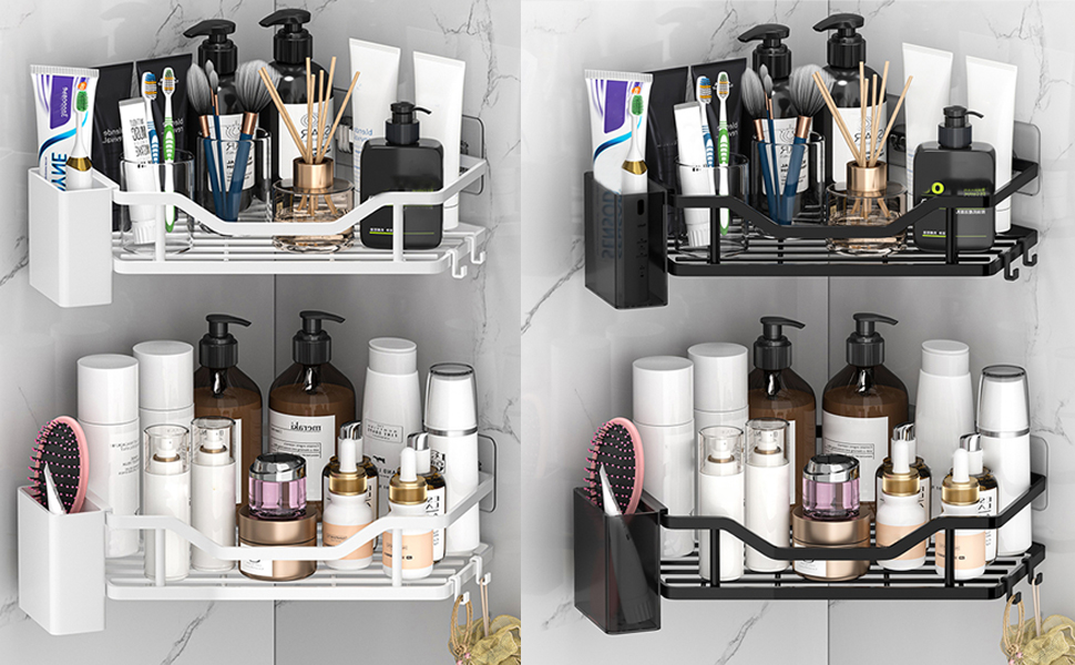 Поличка для душу без свердління, кутова, 2 шт. Органайзер для ванної кімнати з 4 гачками, чорний. Аксесуар для душу, тримач для шампуню. (B-silver)