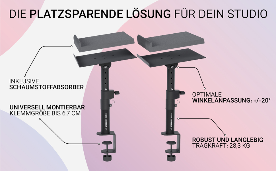 Підставка для динаміків з кріпленням до столу – регульована ±20°, до 28 кг – з демпфером з піни – стабільна та міцна – для студії, столу та DJ-setup – чорний колір