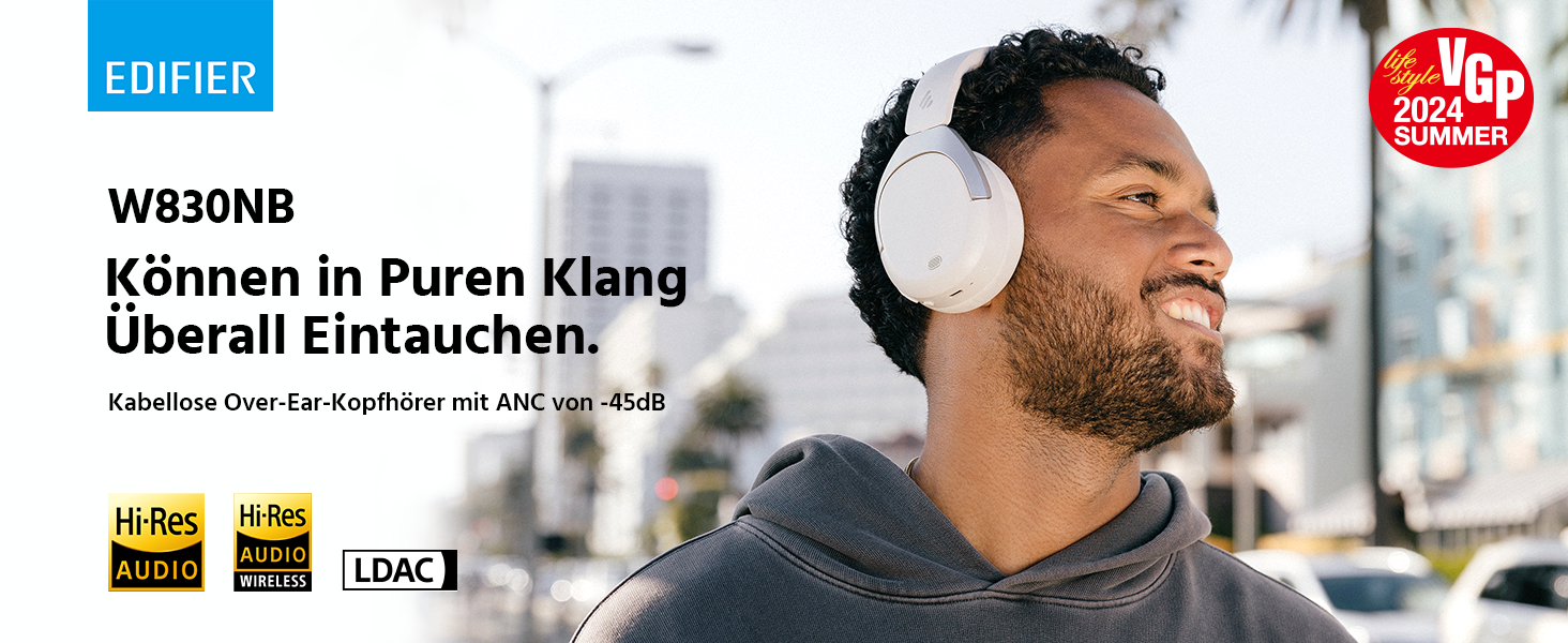 Edifier W830NB Бездротові навушники Over-Ear з ANC -45dB, 94год. акумулятор, LDAC Hi-Res звук, Spatial Audio, швидка зарядка, Bluetooth V5.4 (пісочний)
