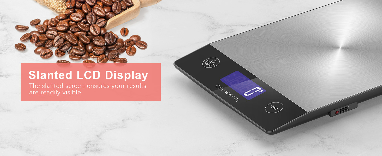 Кухонні ваги CROWNFUL з підзарядкою, до 15 кг, цифровий дисплей LCD, нержавіюча сталь 304, для приготування їжі та випічки