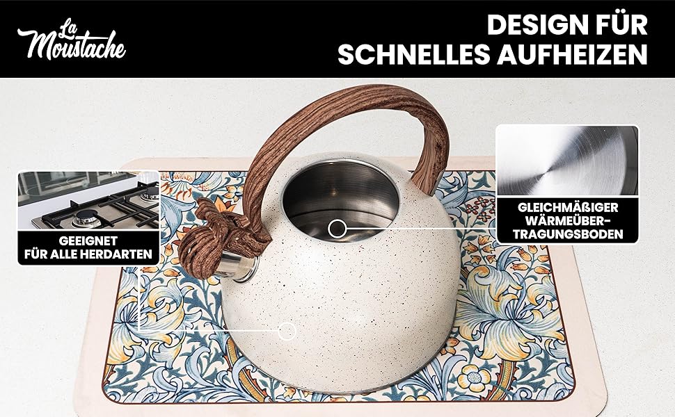 Чайник La Moustache Induktion: 2,5 л, 10 чашок, з нержавіючої сталі, з термостійким ручками та кришкою, для всіх плит (Бежевий)