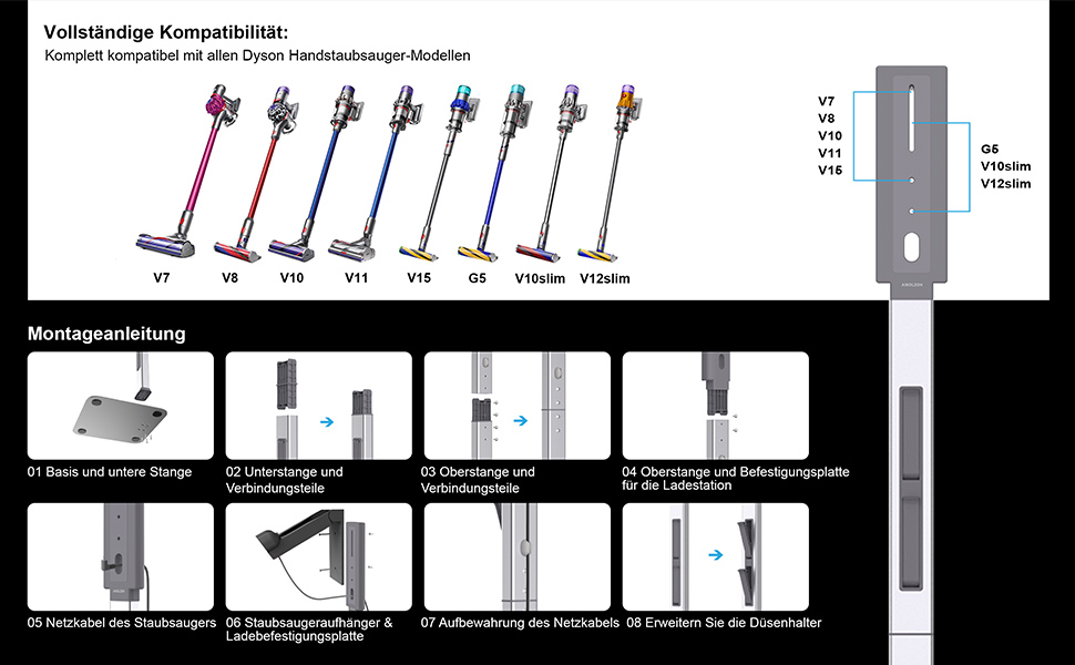 Підставка для пилососа Dyson з розкладними гачками та міцною основою з вуглецевої сталі – монтаж без свердління, компактне зберігання для всіх бездротових пилососів Dyson та аксесуарів, сірий колір