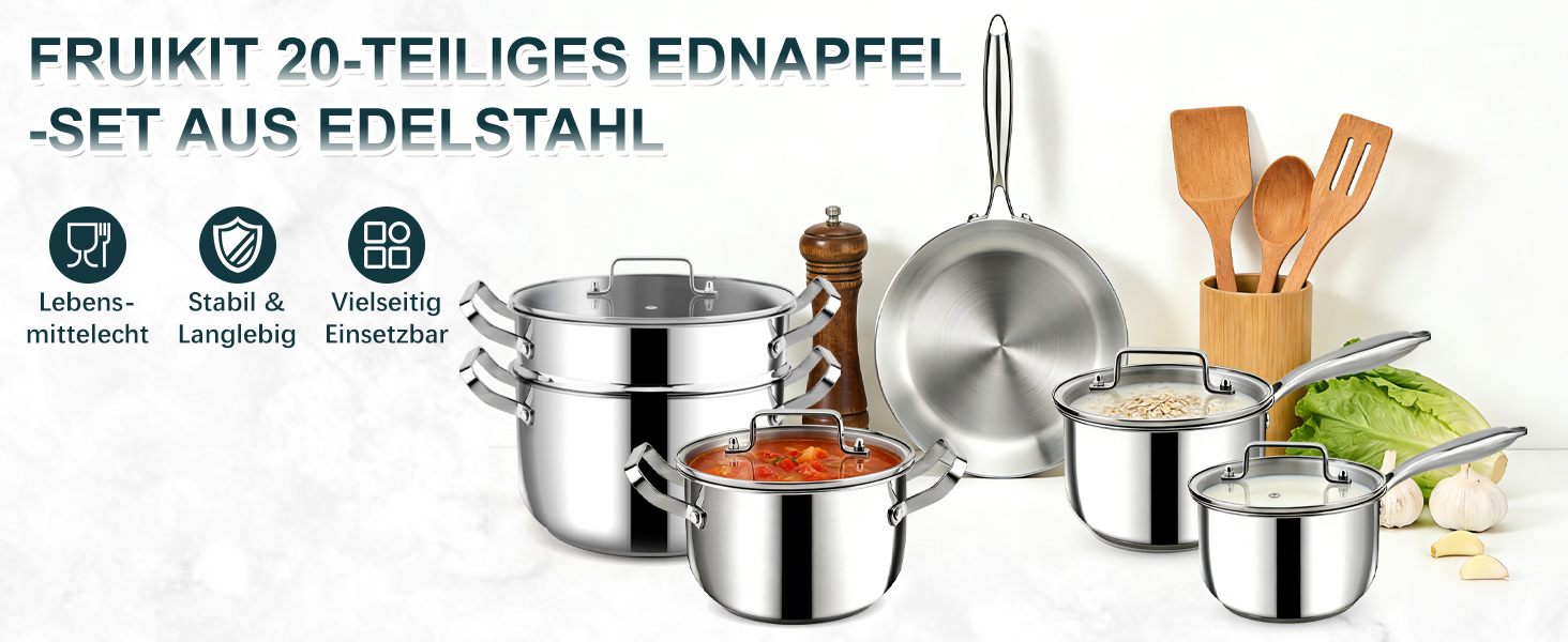 Набір каструль та сковорідок Edelstal 20 предметів з нержавіючої сталі 30 см з кришками та пароускорювачем для всіх типів плит