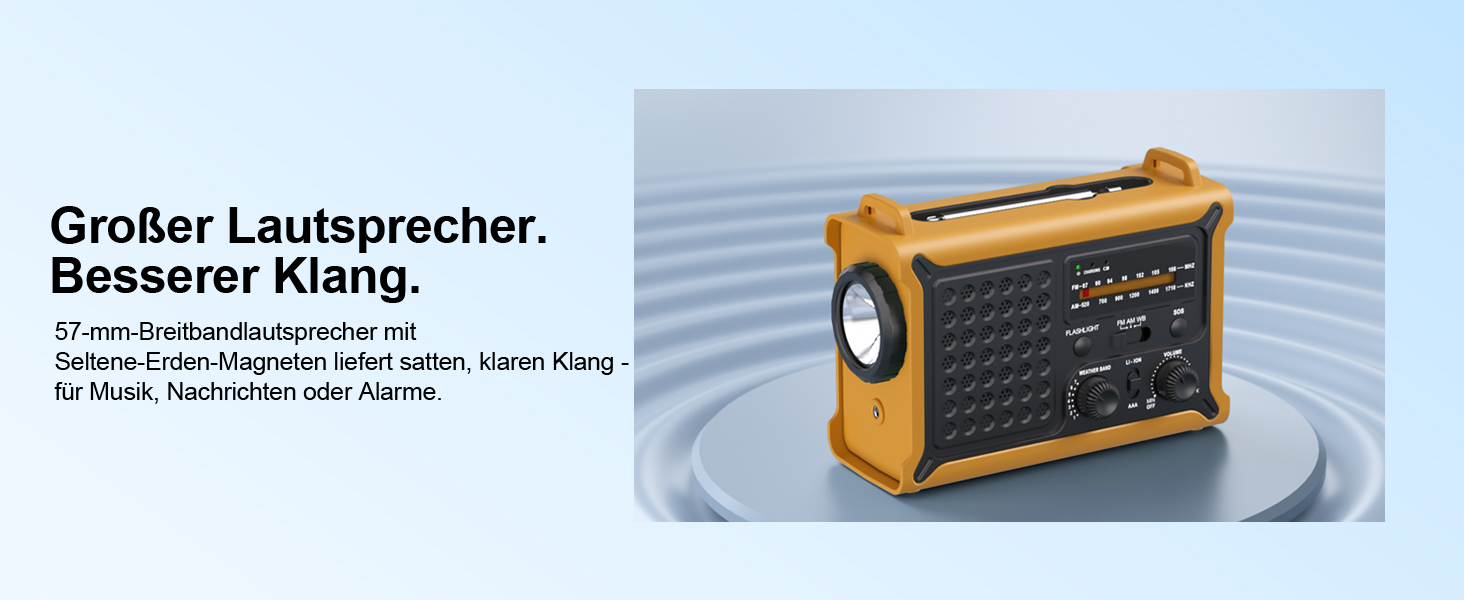 Радіостанція ROCAM на сонячній батареї та з ручним генератором, 12000mAh, AM/FM, LED ліхтарик, USB, SOS, IPX6, для кемпінгу та надзвичайних ситуацій (Жовтий)