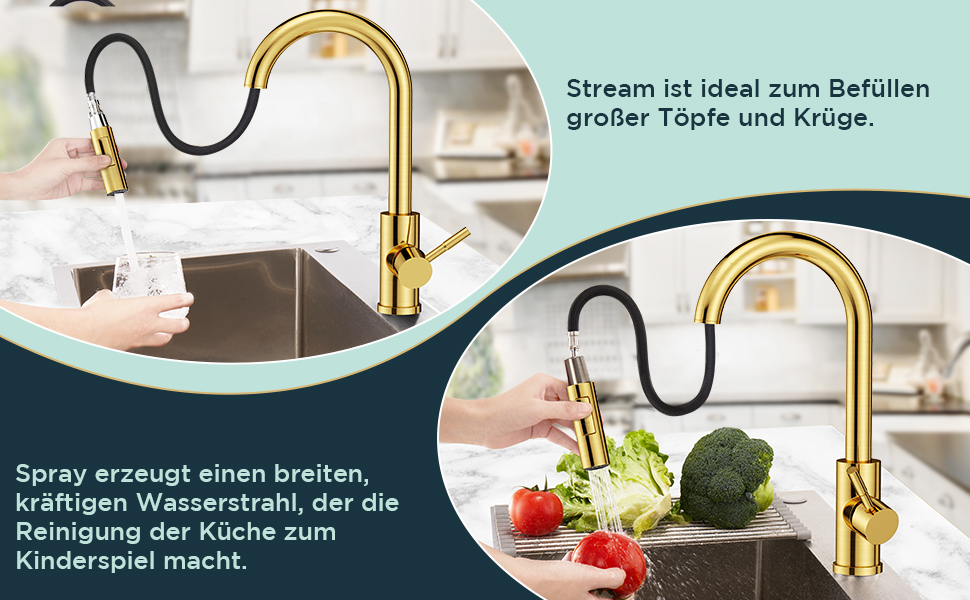 Кран кухонний FORIOUS, Чорний, з висувною лійкою, поворотний на 360°, з покриттям Gold