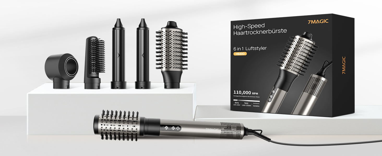 7MAGIC Airstyler 6-в-1: фен-щітка, плойка, завивка, іонізація, для волосся, подорожей, сріблястий