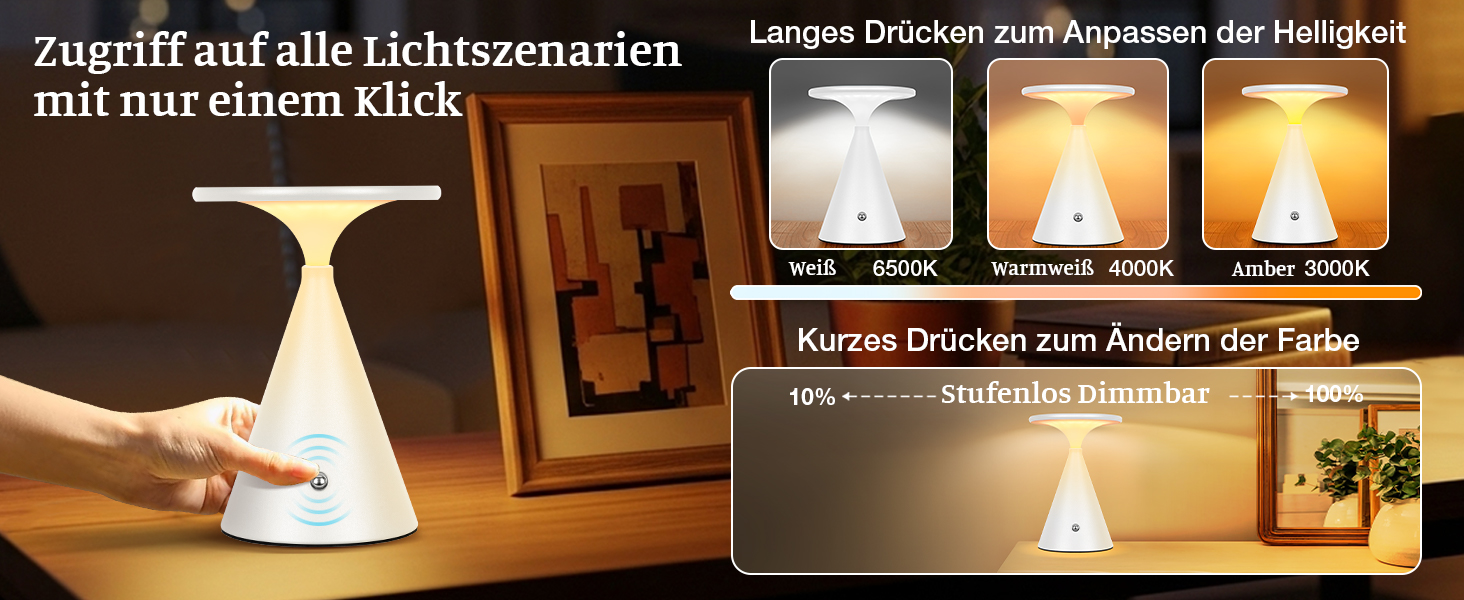 Настільна LED лампа акумуляторна бездротова 2 в 1 (індор/аудор) з димером, сенсорна, 3 кольори, біла (1 шт)