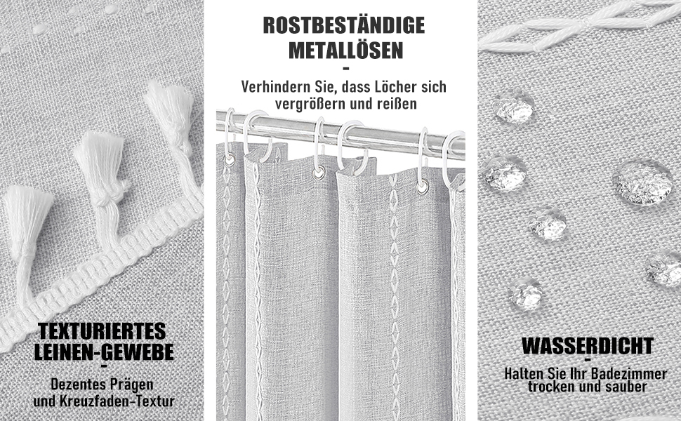 Шторка для душу BTTN 182 x 200 см, Бохо-фермерський стиль, важка тканина, з бахромою, водонепроникна, з вантажами, 12 гачків (сіра, смугаста)