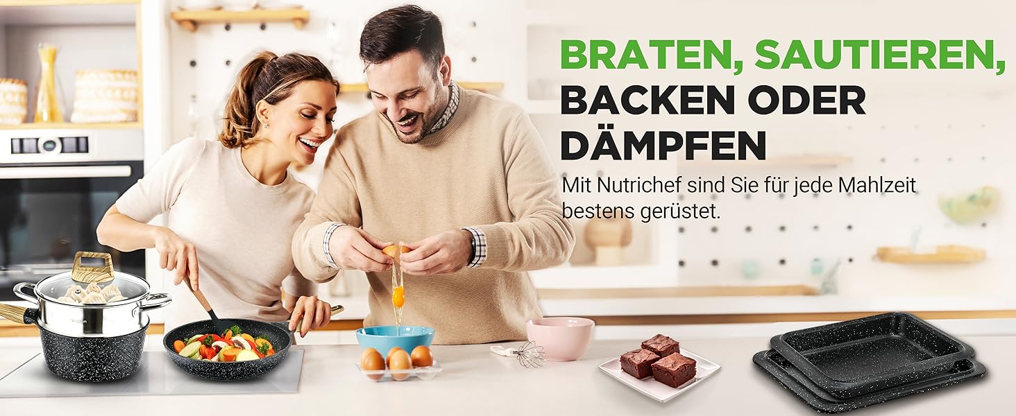 Набір посуду NutriChef 22 предмети антипригарний мармуровий – сковороди, каструлі, кухонне приладдя, форма для випічки, рукавиці, для індукції, посудомийна машина