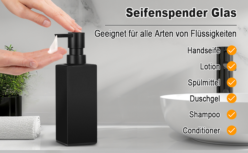 Диспенсер для мила GMISUN для ванної кімнати та кухні, 350 мл, чорний скляний, з піддоном та водонепроникними етикетками