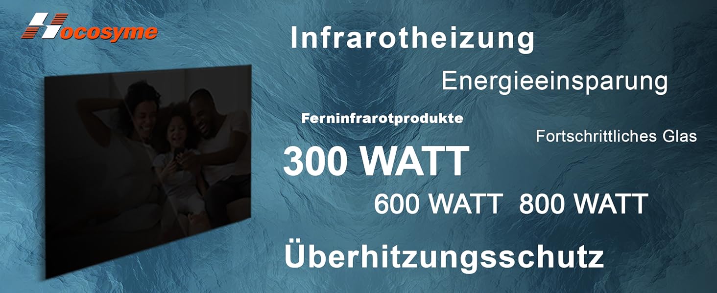 Інфрачервовий обігрівач Hocosyme зі скляною панеллю 600W з Wi-Fi керуванням (Tuya Smart), 100x60 см, з захистом від перегріву, чорний, сертифікат TÜV