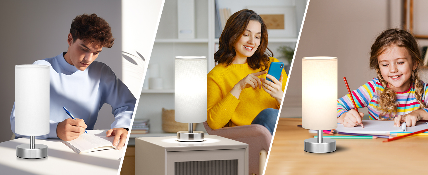 Нічна лампа Kakanuo з 3 колірними температурами, біла торшер з вимикачем, льняний абажур, маленька лампа для вітальні, спальні, офісу, дитячої кімнати (LED лампа в комплекті), біло-чорний колір (білий+срібний)