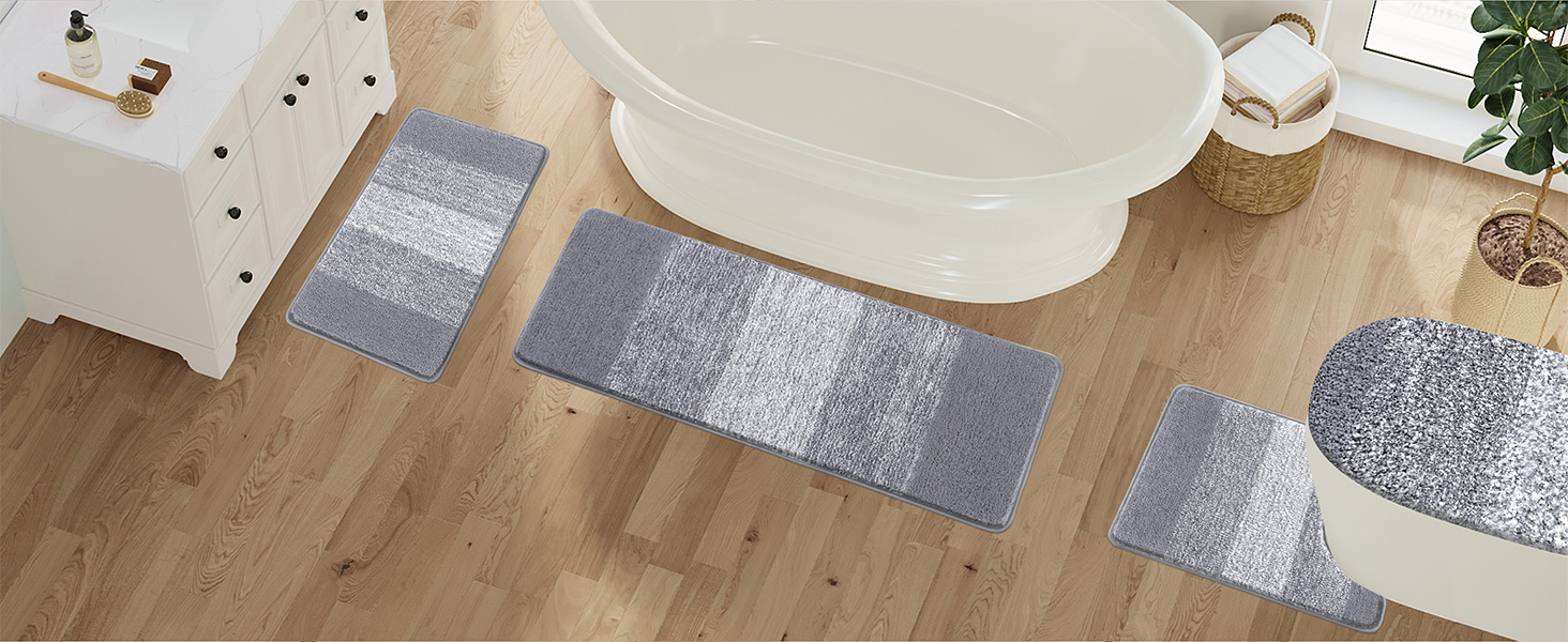 Enyhom 4-Piece Microfiber Bath Mat Set - Non-Slip Bathroom Rugs & Toilet Lid Cover (Grey, 45x65cm, 45x120cm, 50x60cm, 48x53cm)