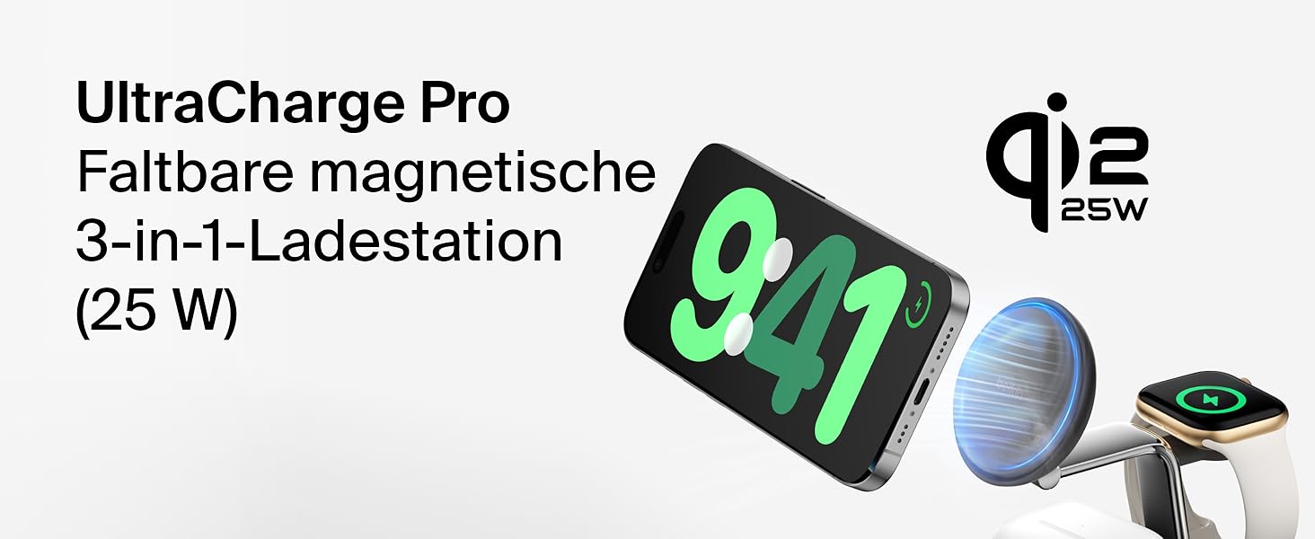 Belkin UltraCharge Pro Qi2.2 Бездротова зарядка 3-в-1 25W MagSafe сумісна для iPhone, Apple Watch, AirPods, Pixel – Чорна