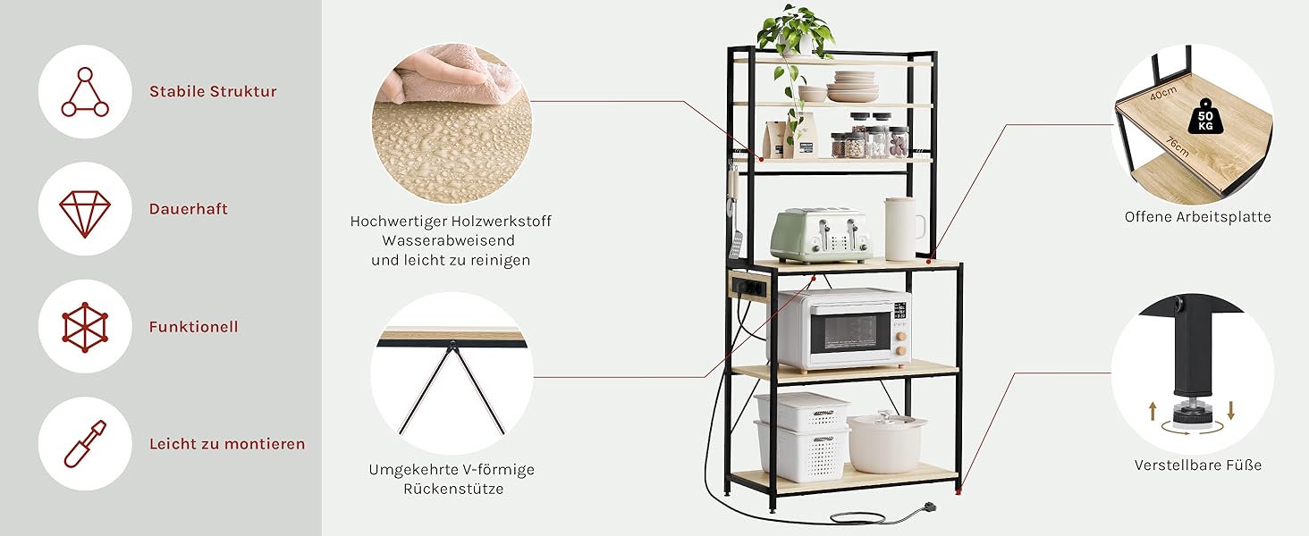 Кухонна полиця WOLTU з 6 ярусами, з розетками, мікрохвильова полиця з 6 гачками, полиця для пекаря з металевим каркасом, регульовані полиці, Чорний+Рустикальне коричневе, 60 x 167 x 40 см (Чорний+світлий дуб, 80 x 39,5 x 167 см)