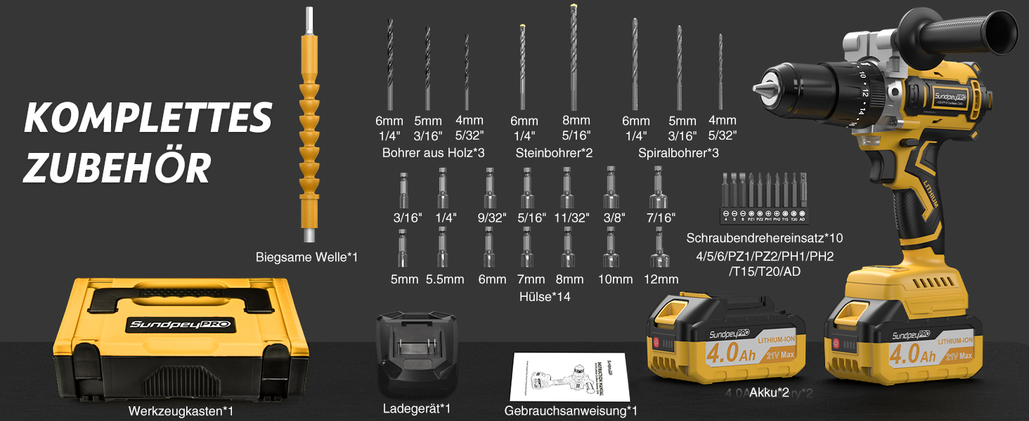 Акумуляторний дриль-шурупокрут SundpeyPRO 21V з ударною функцією, 120 Nm, 2 x 4000mAh, 20+3 ступені крутного моменту, 13 мм патрон, 2 швидкості, LED