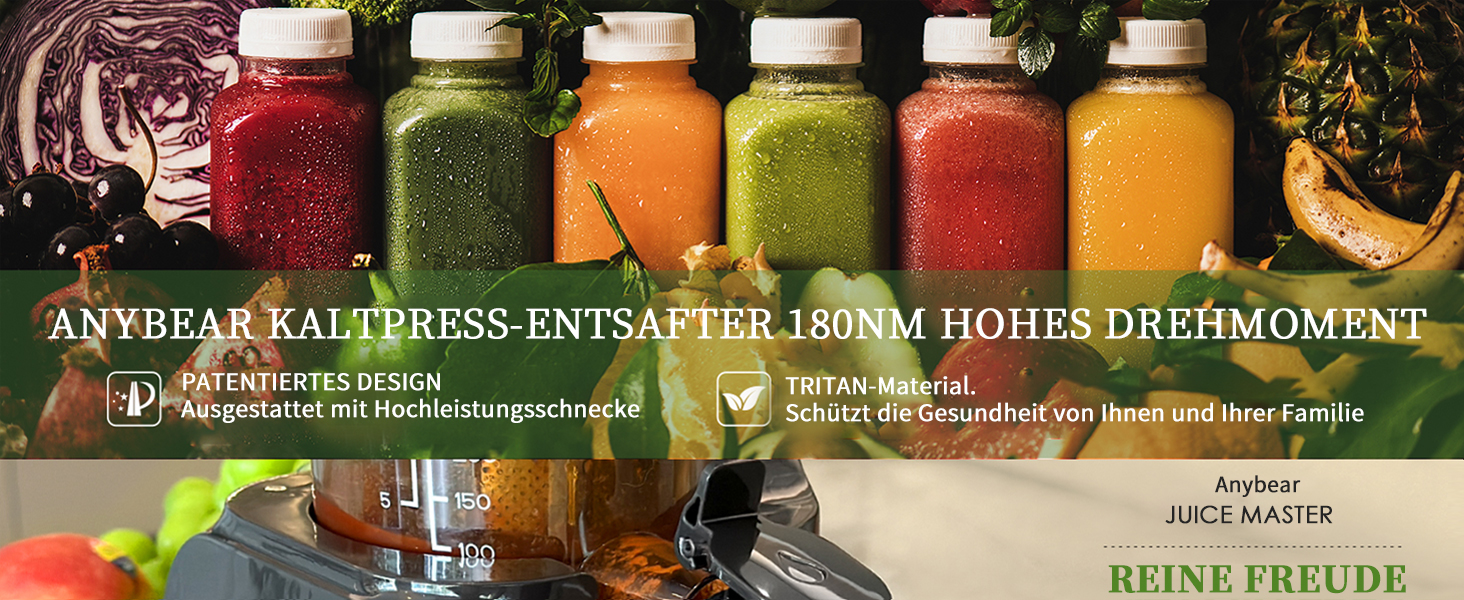 Anybear Швидкий соковичавник холодного віджиму 200W | Tritan, BPA-Free | Для цілих фруктів/овочів | З рецептами соків (Сріблястий)