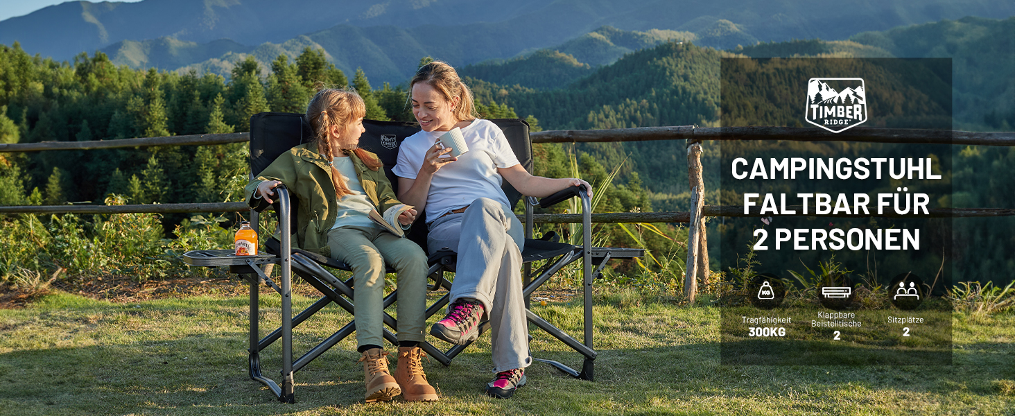 Крісло для кемпінгу Timber Ridge на 2 особи, розкладне, 300 кг, для риболовлі, пікніків, фестивалів, з бічним столиком