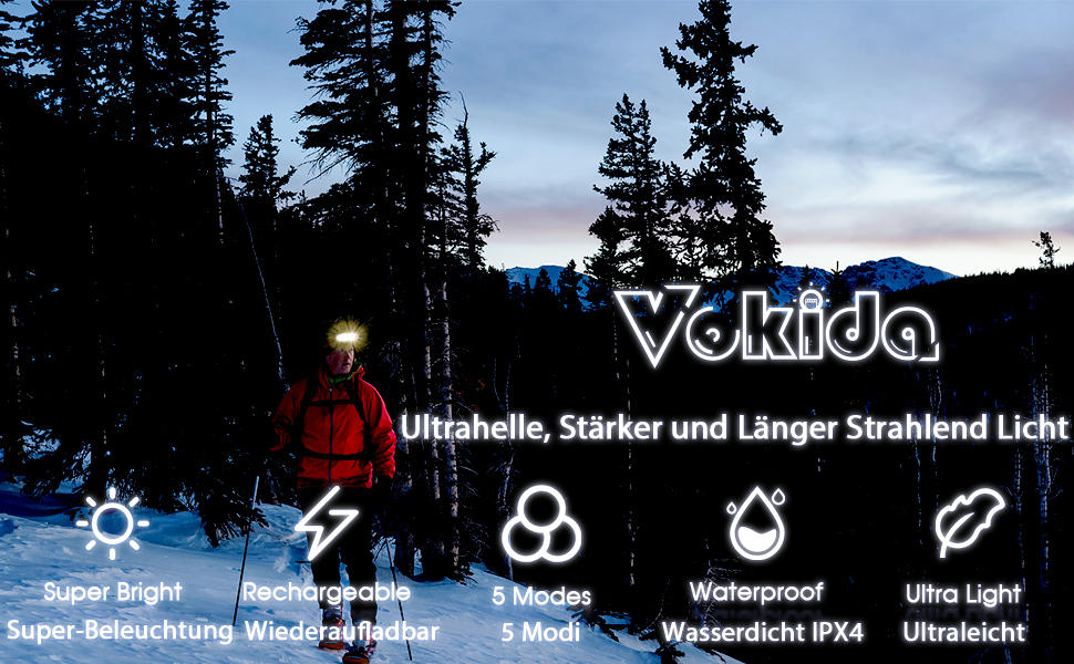 Світлодіодний ліхтар на голову Outdoor Vibes, ширококутний, сенсорний, USB-заряджання, налобний ліхтарик для туризму та спорту