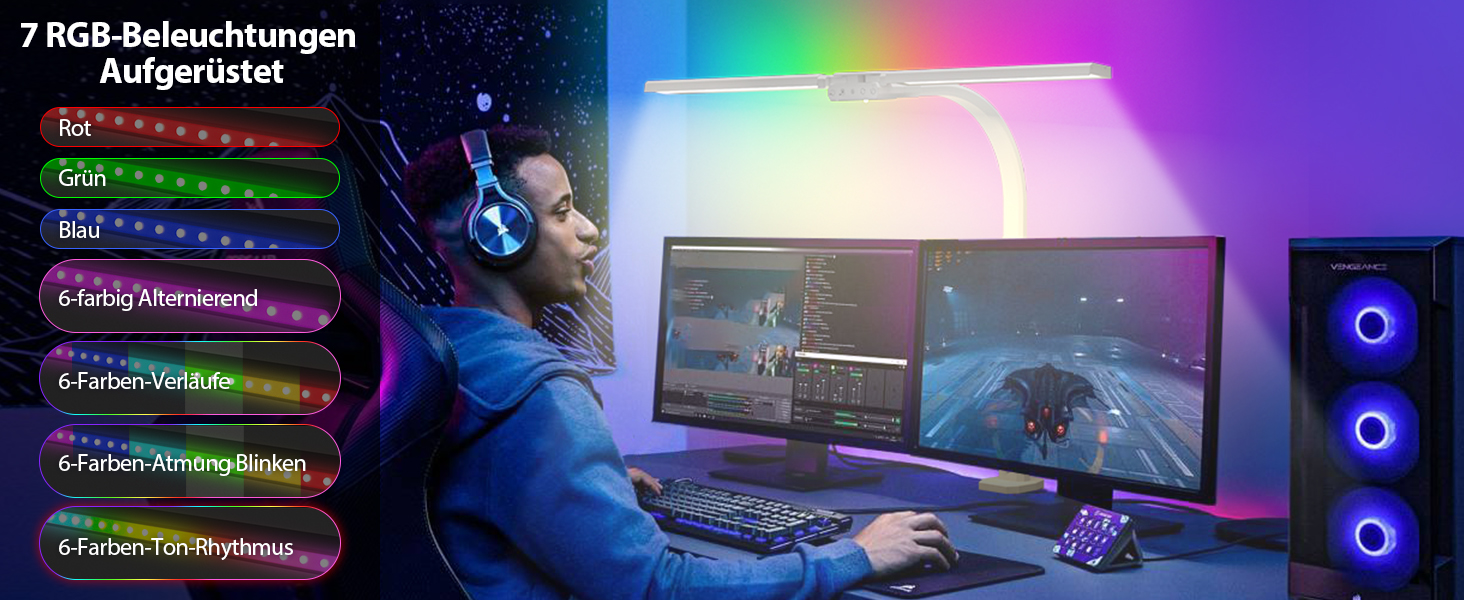 LED лампа настільна з двома головками, регульована яскравість, кріплення на струбцині, захист очей, денне світло, для офісу та ПК, RGB