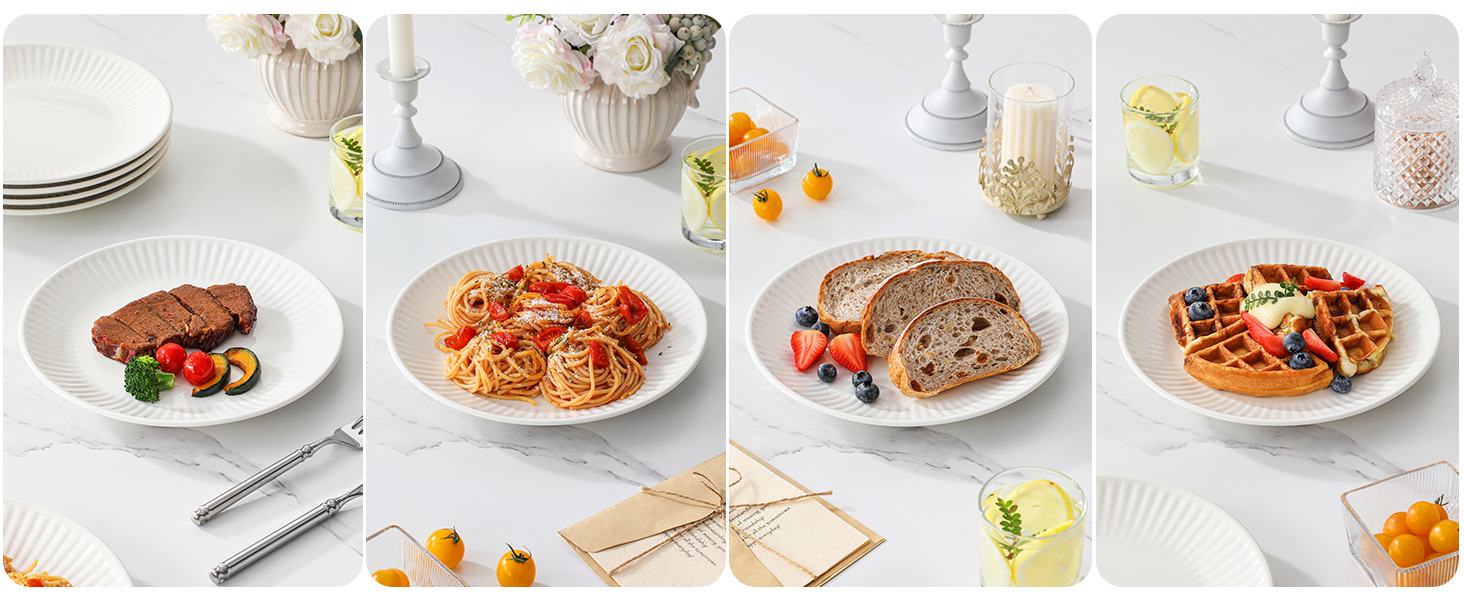 Набір посуду MALACASA LEILA на 6 осіб, 24 предмети: тарілки, миски, посуд з порцеляни з ручним рельєфним дизайном, безпечний для мікрохвильової печі та посудомийної машини, білий