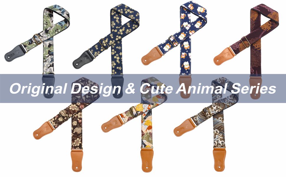 Японський гітарний ремінь Nefelibata з бавовни для акустичної гітари, укулеле, адаптер для голівки грифа в подарунок, медіатор та замок для ремінця. Регулювання від 38' до 64'. Дизайн: Хризантеми