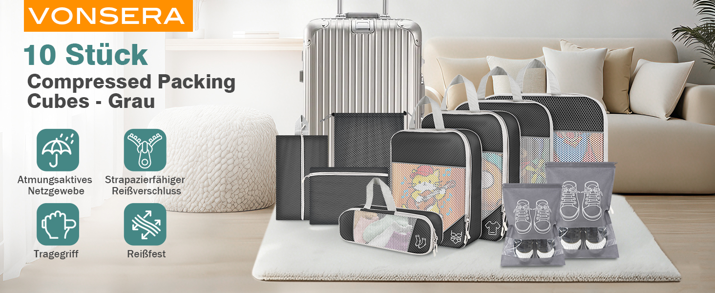 Органайзер для валізи, набір Packing Cubes (9 шт.) з компресією та чохлом для взуття, водонепроникні, дихаючі, сірі (чорні)