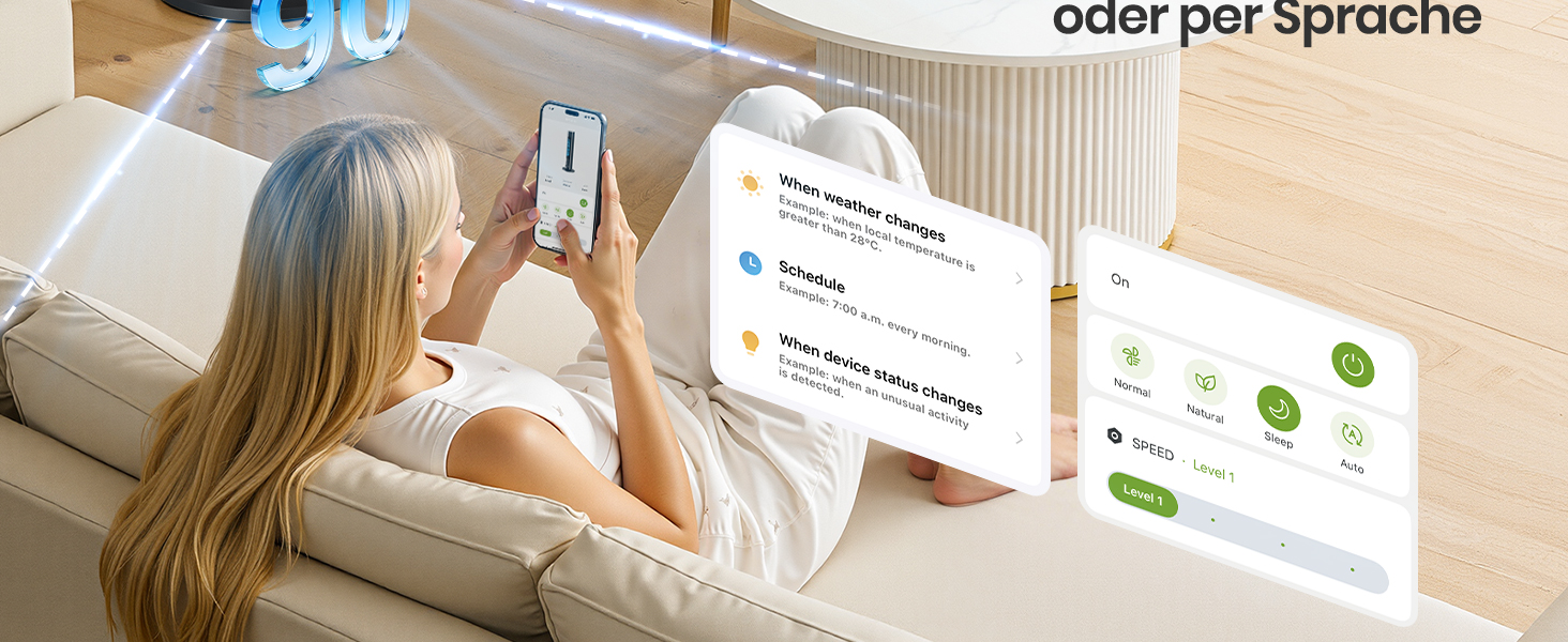 Вежа-вентилятор FLANUR WiFi Alexa 91 см: Тихий вентилятор з пультом, 4 режими, 90° осциляція, таймер 12 год, чорний