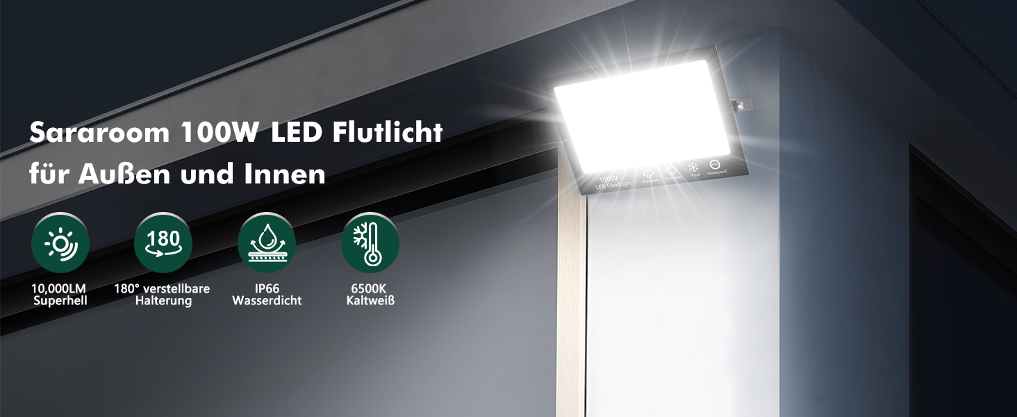 LED прожектор Sararoom 100 Вт 10000 Лм, 156 LED, холодне біле світло 6500K, IP65, водонепроникний для вулиці, саду, гаража, двору, комплект 2 шт.